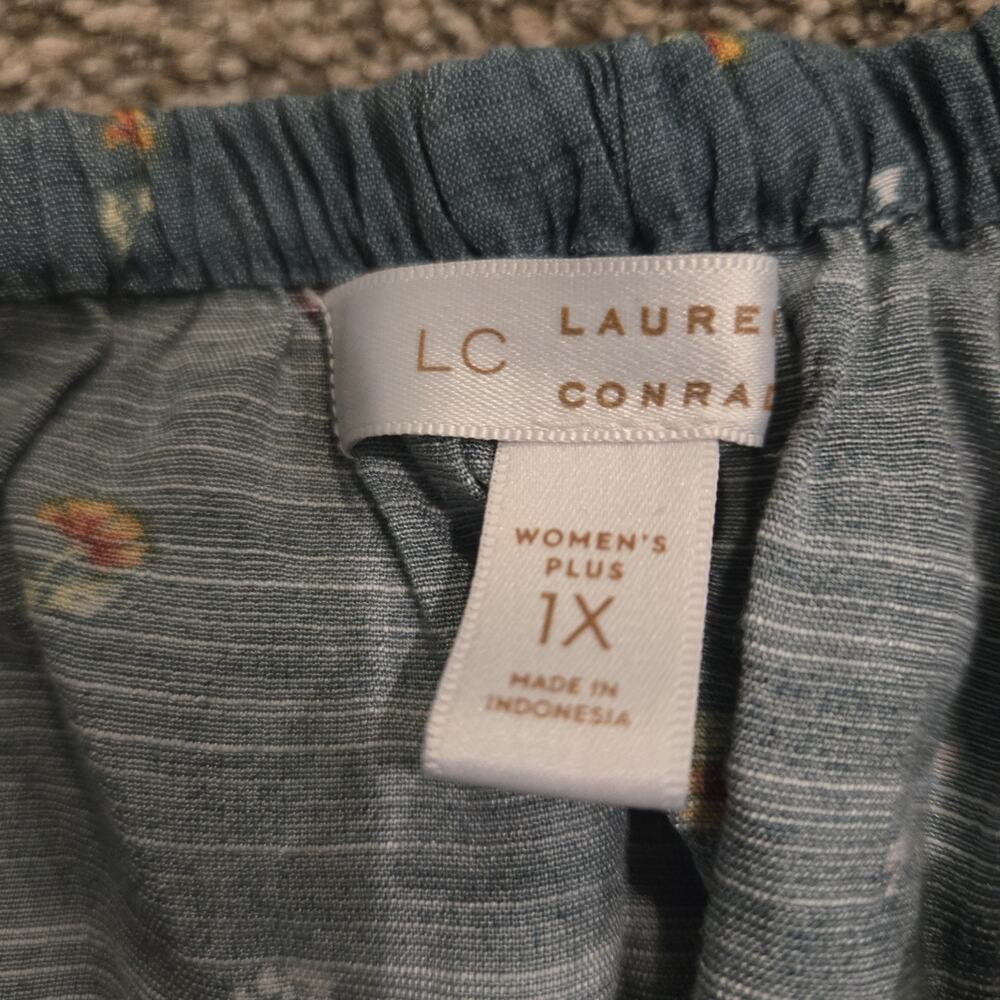 LC Lauren Conrad Teal Floral Puff Sleeve Button Front Top - Picture 5 of 8
